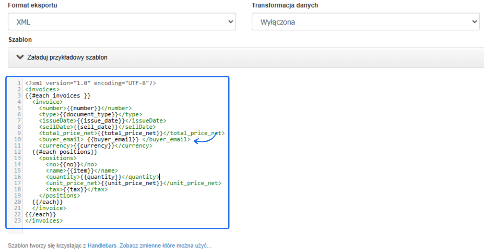 Konfiguracja szablonu eksportu do XML z przykładowym kodem XML zawierającym dane faktury, pozycje i szczegóły płatności.