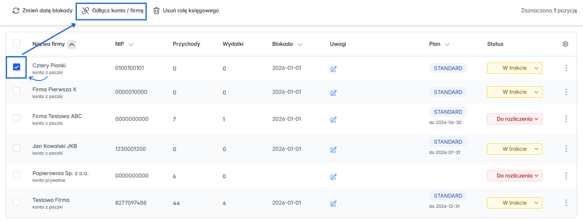 Panel Biura Księgowego z listą firm i opcją odłączenia konta od systemu fakturowego.