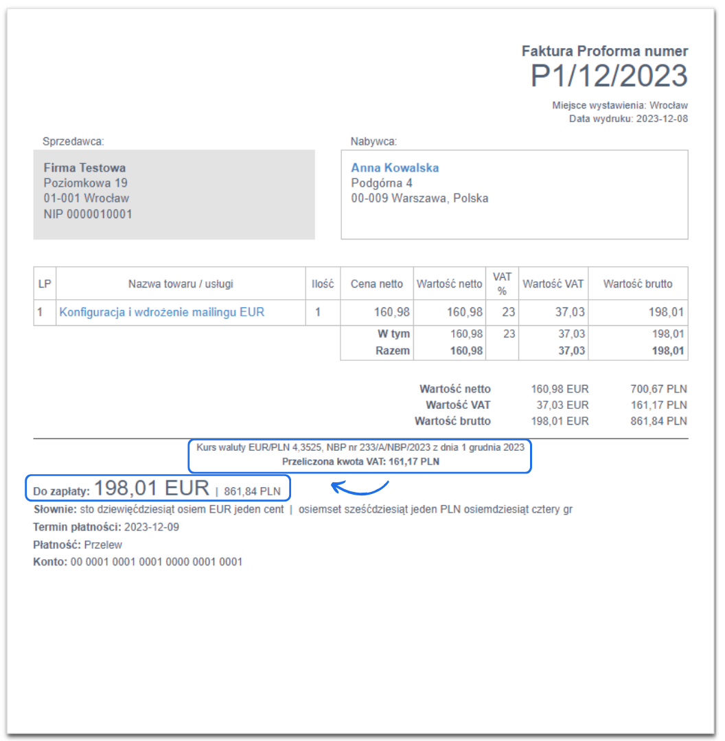 Przykład faktury walutowej w dwóch walutach euro i złotówki z informacją o kursie przeliczenia i przeliczonej kwocie VAT.