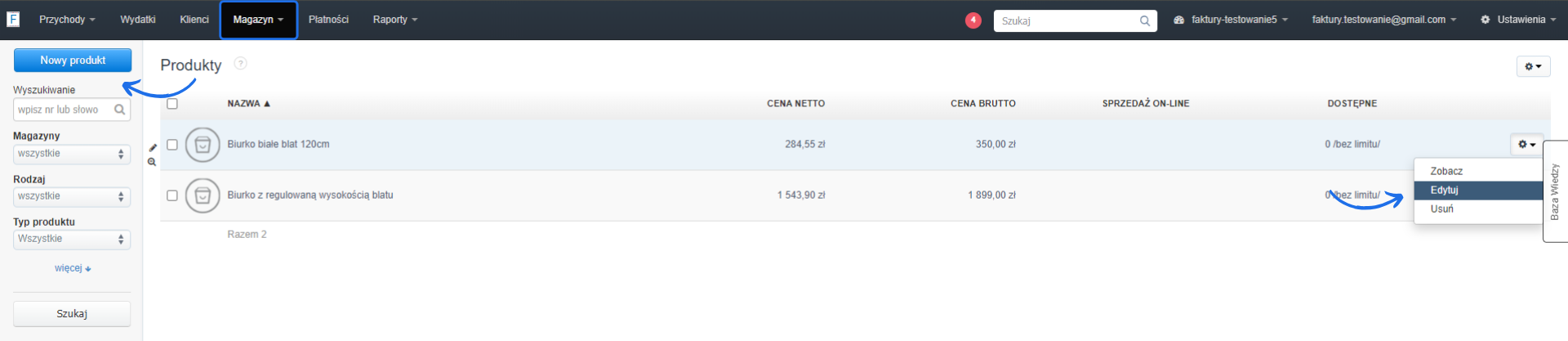 Widok zakładki Magazyn z listą produktów, cenami i opcją edycji pozycji Biurko białe blat 120cm