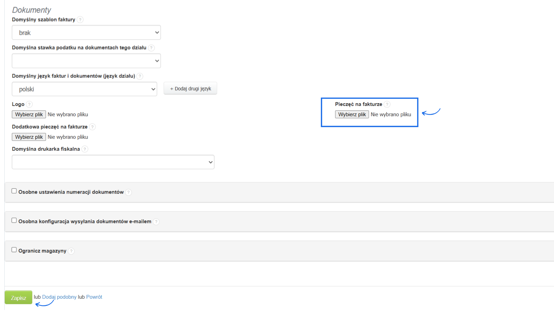 Ustawienia działu z sekcją dotyczącą ustawień dokumentów, w tym opcją wgrania pliku graficznego jako logi i pieczęć.