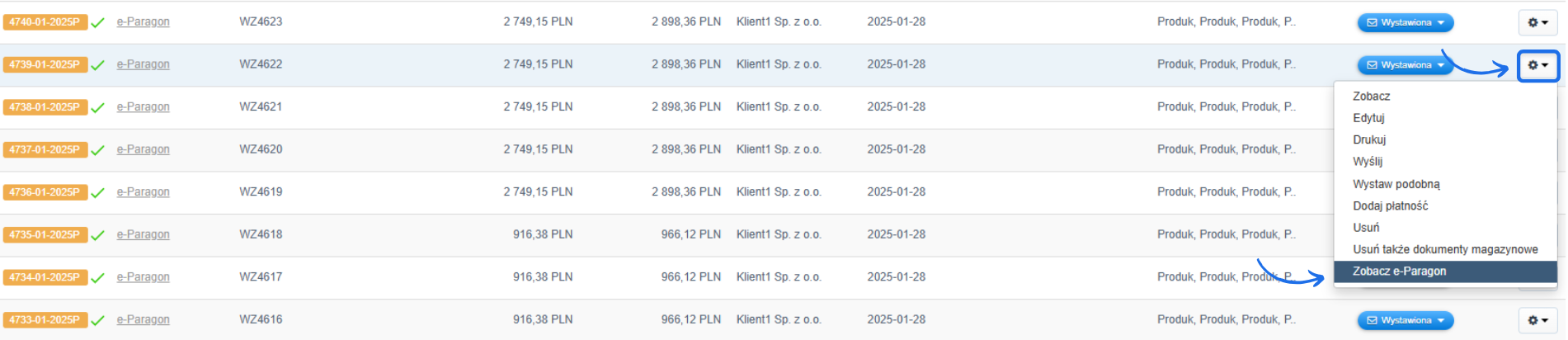 Lista dokumentów sprzedaży z opcją przeglądania e-Paragonu. Rozwinięte menu ustawień pokazuje opcję 'Zobacz e-Paragon' dla wybranego dokumentu.