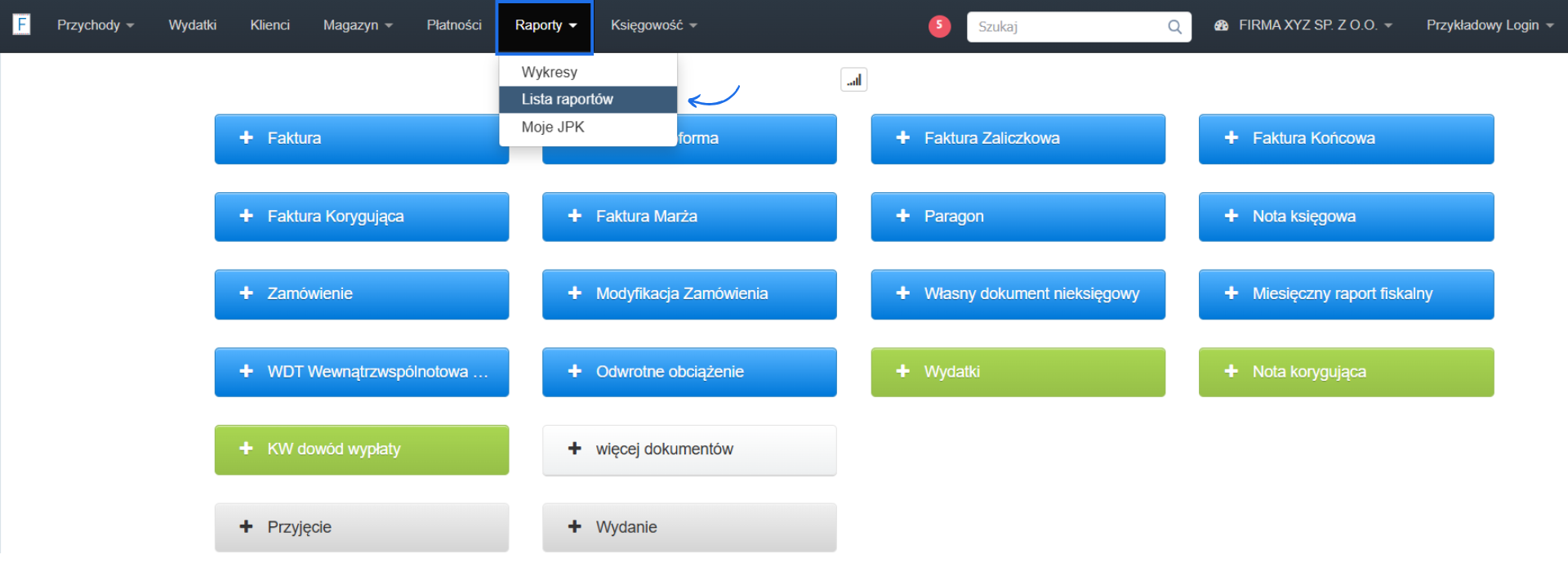 Strona główna systemu Fakturownia z przyciskami do wystawienia konkretnej faktury oraz aktywną zakładką raporty z wybraną opcją lista raportów.