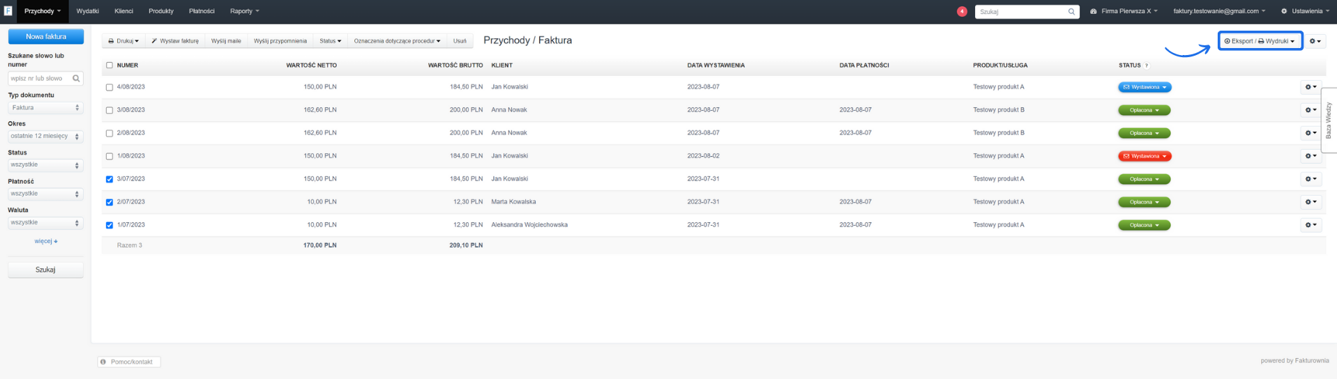 Lista faktur w systemie Fakturownia.pl z zaznaczonymi opcjami eksportu i wydruku w prawym górnym rogu ekranu.