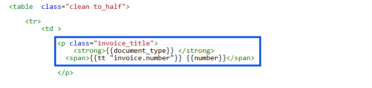 Kod HTML szablonu faktury z przeniesionym elementem nazwy i numeru dokumentu po zmianie