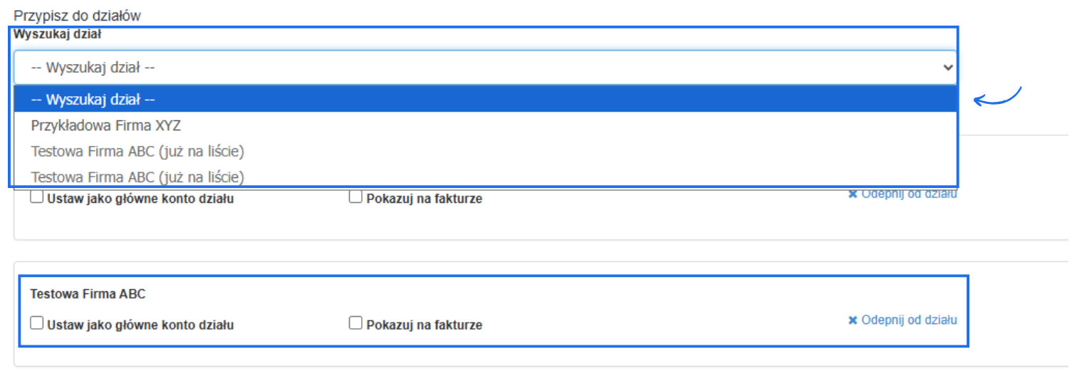 Formularz tworzenia rachunku bankowego z sekcją, w której można przypisać rachunek do wybranych działów.