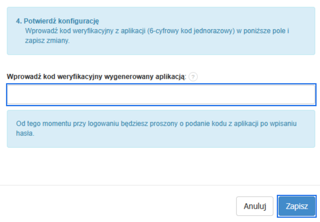 Konfiguracja dwustopniowej weryfikacji za pomocą aplikacji uwierzytelniającej z polem do podania kodu weryfikacyjnego.