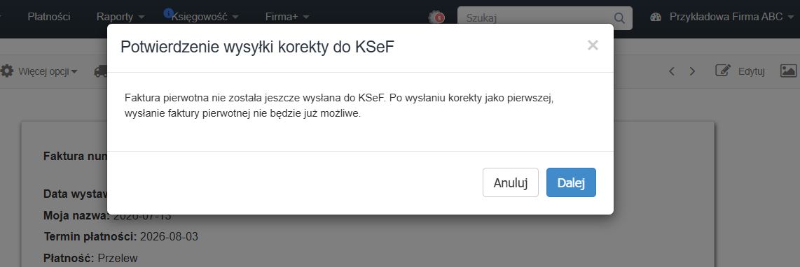 Komunikat systemowy przy wystawianiu korekty do faktury bez numeru KSeF.