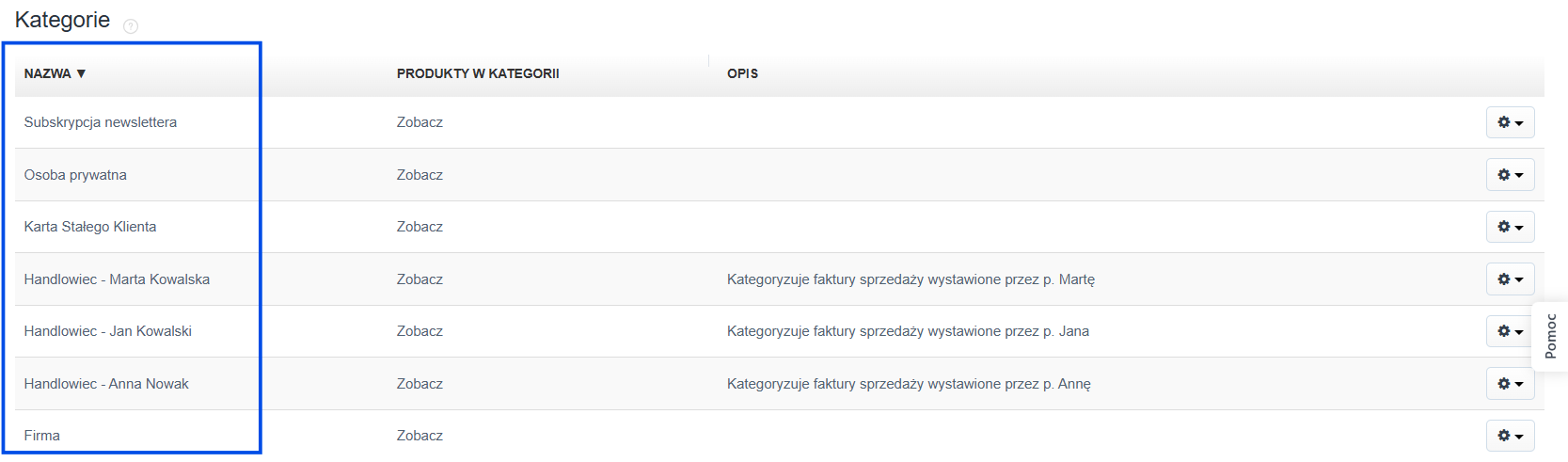 Lista kategorii posortowana po nazwie malejąco - od Z do A.
