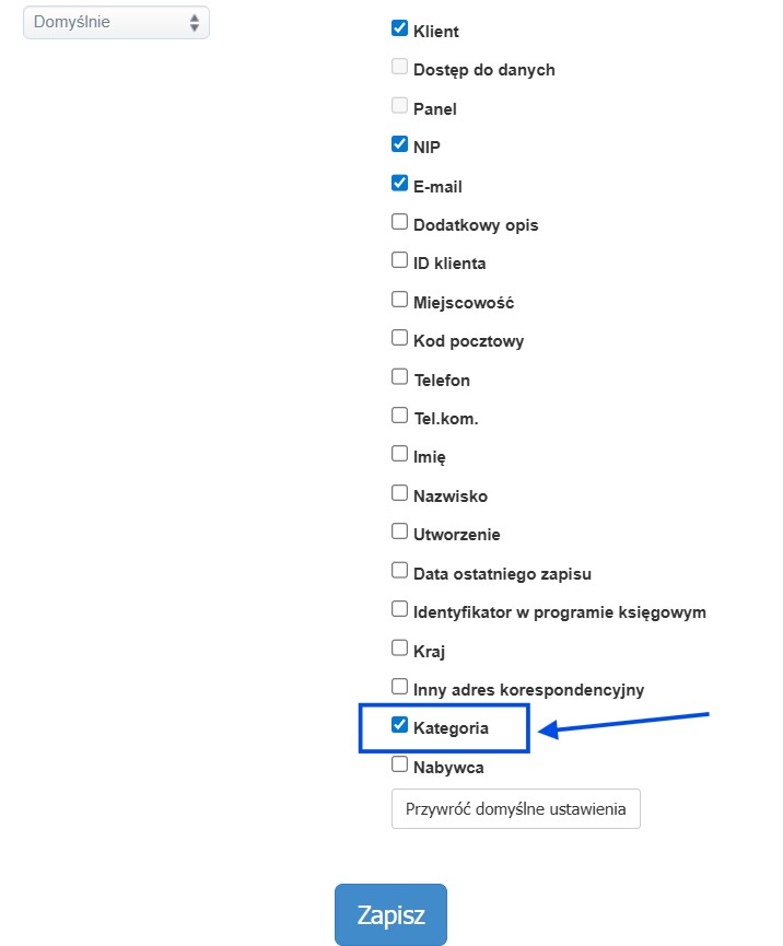 Opcje do wyświetlenia na liście klientów w systemie Fakturownia w tym aktywna opcja kategoria.