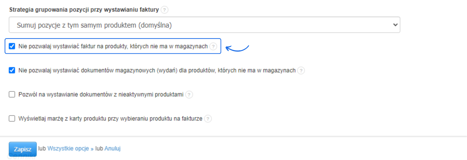 Ekran konfiguracji strategii grupowania pozycji faktur w Fakturownia.pl z zaznaczoną opcją 'Nie pozwalaj wystawiać faktur na produkty, których nie ma w magazynach'.