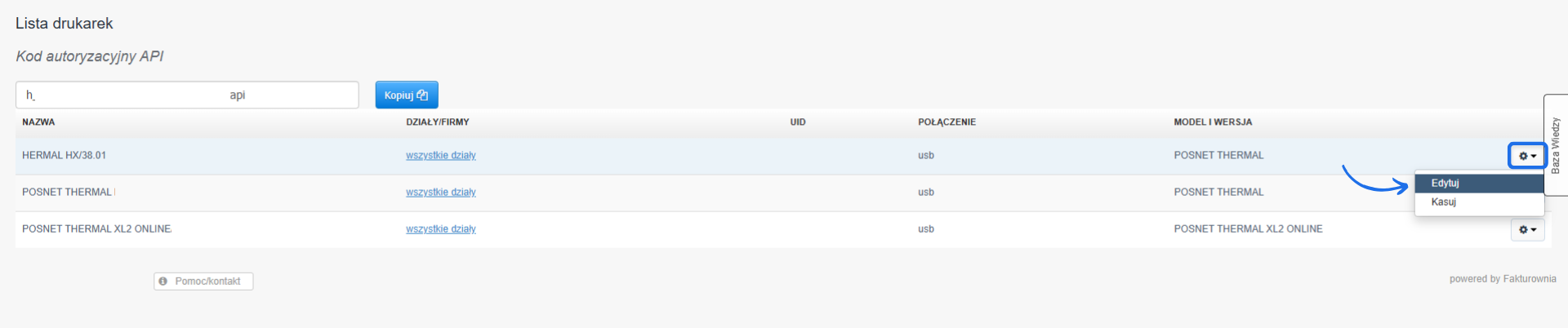 Lista drukarek fiskalnych z opcjami edycji i usunięcia. Menu rozwinięte dla drukarki ‘POSNET THERMAL’, z zaznaczoną opcją ‘Edytuj’.