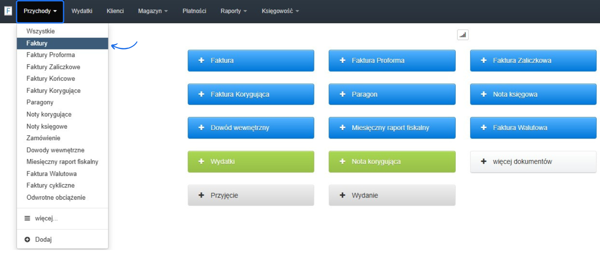 Widok menu w Fakturownia – sekcja Przychody z rozwijaną listą opcji, w tym faktury, paragony, noty księgowe i zamówienia.