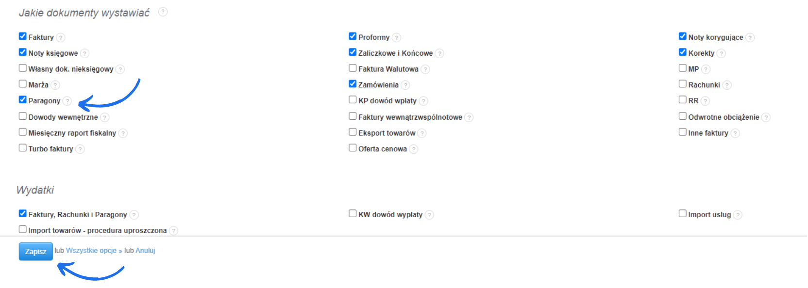 Konfiguracja ustawień dokumentów w systemie, z zaznaczoną opcją wystawiania paragonów oraz aktywacją przyciskiem Zapisz.
