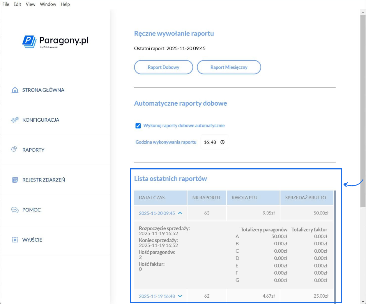 Aplikacja Paragony.pl do fiskalizacji sprzedaży paragonowej z aktywną opcją automatycznego generowania raportu dobowego o 23:59.