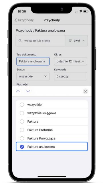 Ekran filtrowania faktur w aplikacji Fakturownia. Zaznaczona opcja ‘Faktura anulowana’ w sekcji typu dokumentu, widoczne dodatkowe filtry.