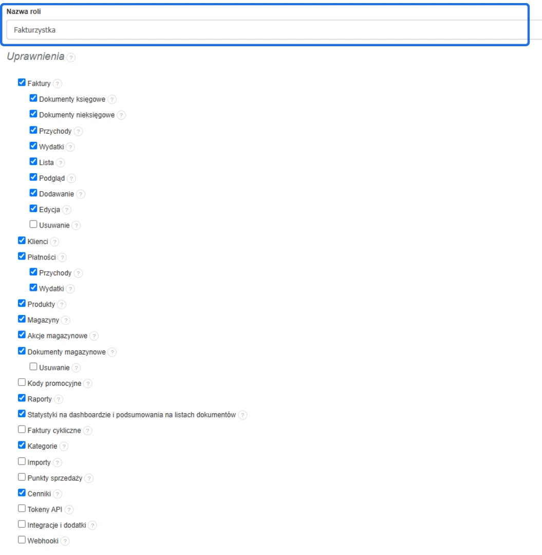 Tworzenie nowej roli użytkownika o nazwie 'Fakturowanie' z listą szczegółowych uprawnień do zarządzania fakturami, klientami, płatnościami i magazynami.