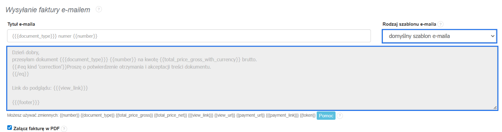 Ustawienia w systemie Fakturownia dotyczące wysyłania faktury e-mailem z aktywną domyślną treścią wiadomości i automatycznym dodawaniem PDF faktury jako załącznik do wiadomości.