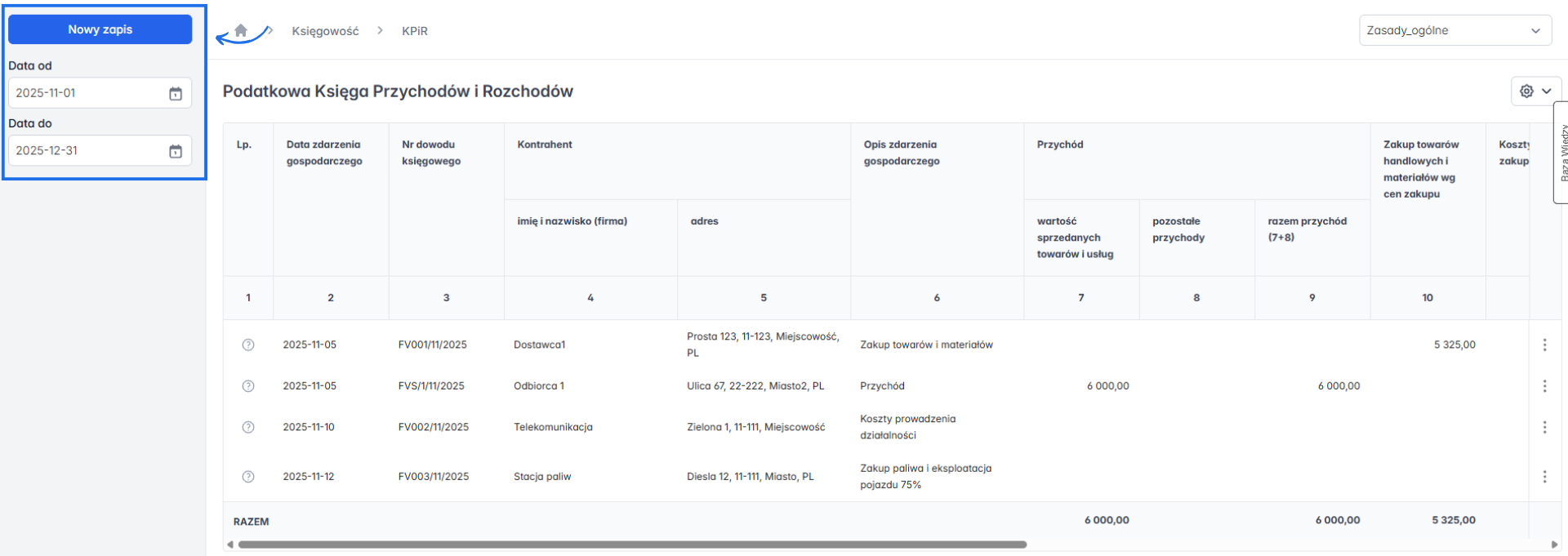 Podatkowa Księga Przychodów i Rozchodów z listą zdarzeń gospodarczych i możliwością dodania ręcznie nowego za pomocą przycisku 'Nowy zapis'.