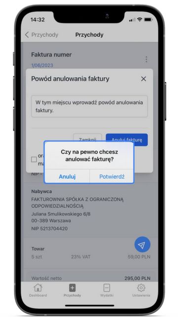 Potwierdzenie anulowania faktury w aplikacji Fakturownia. Widoczne okno dialogowe z przyciskami ‘Anuluj’ i ‘Potwierdź’.