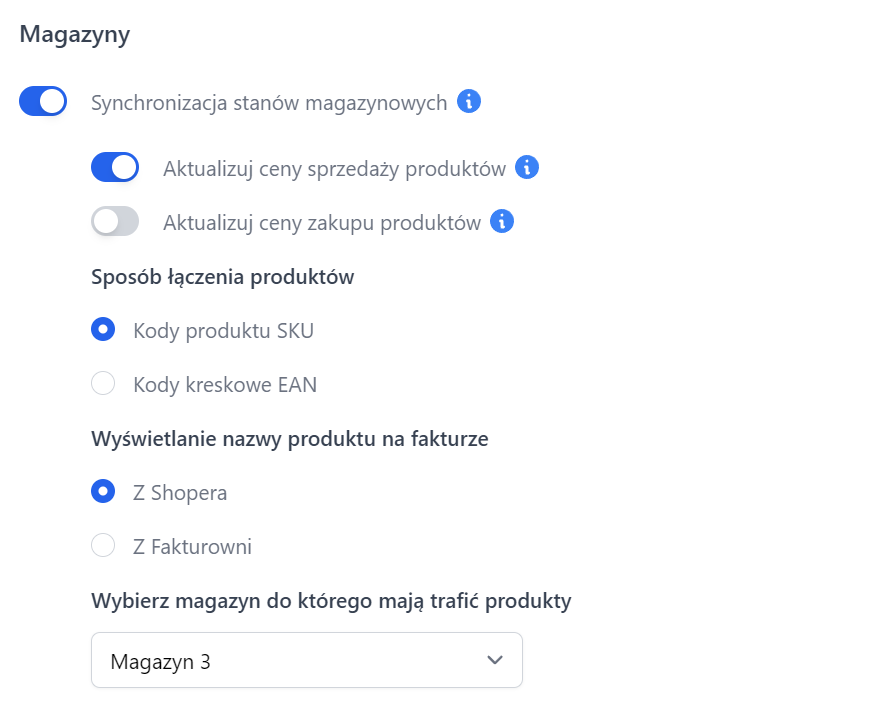 Ustawienia magazynowe w Fakturowni z włączoną synchronizacją stanów i aktualizacją cen sprzedaży. Wybrany magazyn docelowy: ‘Magazyn 3’