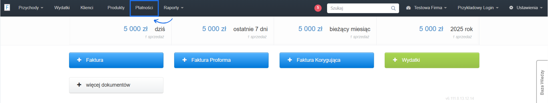 Konto w systemie Fakturownia do fakturowania online z dedykowanymi przyciskami do wystawienia faktury czy proformy oraz aktywną zakładką Płatności.
