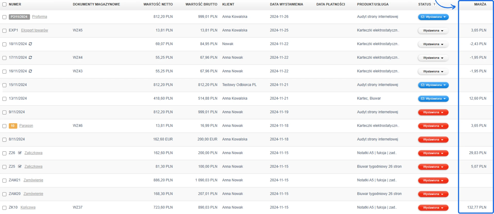 Lista faktur z widoczną kolumną 'Marża', zawierającą wartości marż dla poszczególnych dokumentów sprzedaży w systemie księgowym.