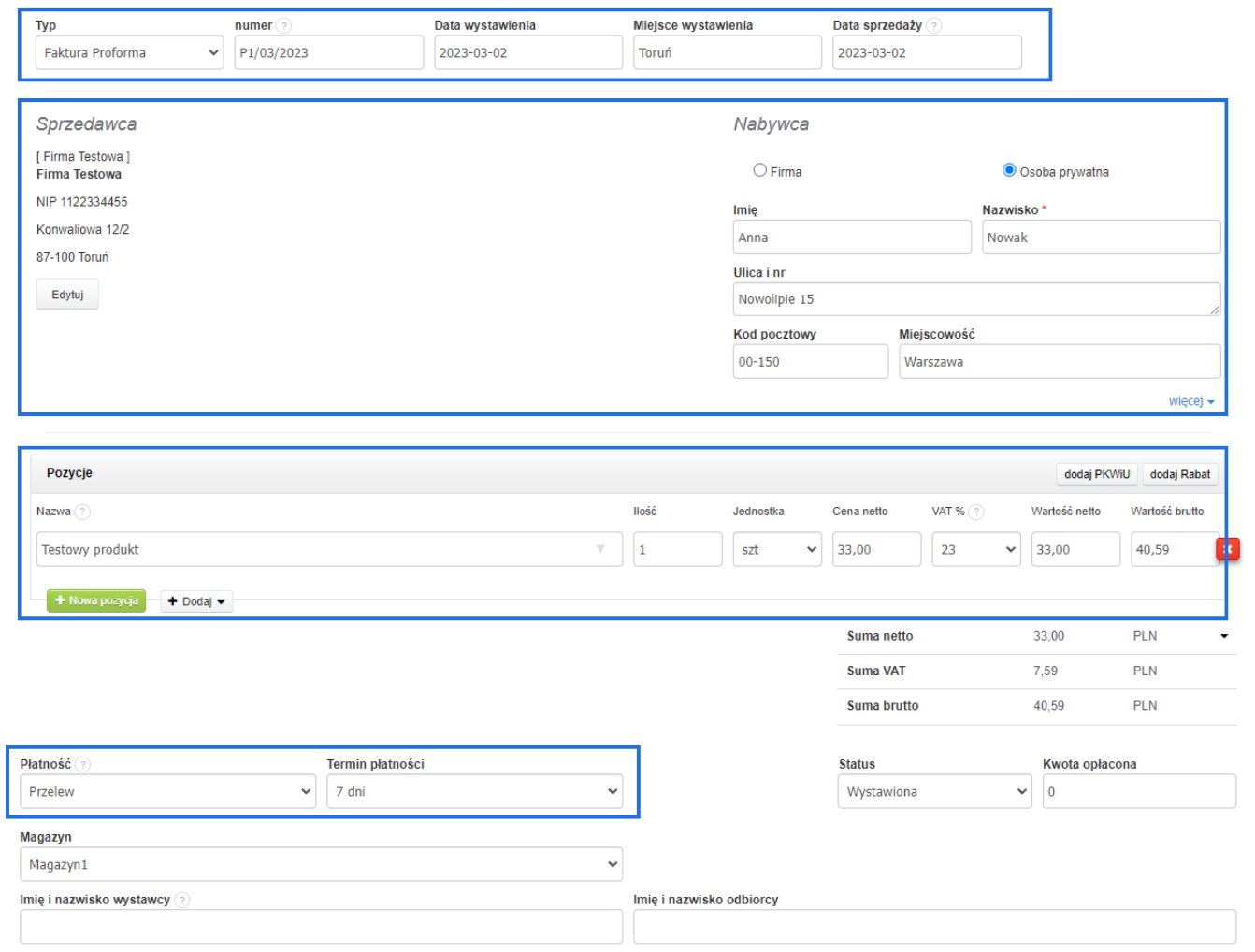 Formularz faktury proforma z danymi sprzedawcy i nabywcy, pozycją produktu, szczegółami płatności oraz terminem płatności, status wystawienia.