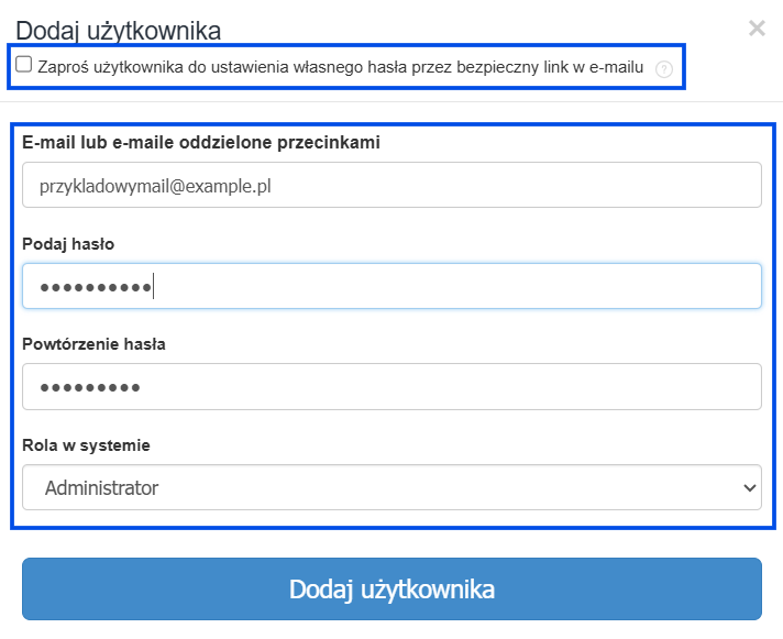 Formularz dodawania użytkownika w Fakturowni z zaznaczoną opcją „Stwórz użytkownika od razu”, polami na e-mail i hasło oraz przyciskiem „Dodaj użytkownika”.