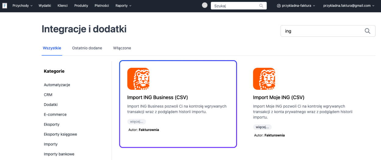 Opcje importu płatności z Banku ING do Fakturowni: Import CSV dla automatycznego przypisywania płatności do faktur.