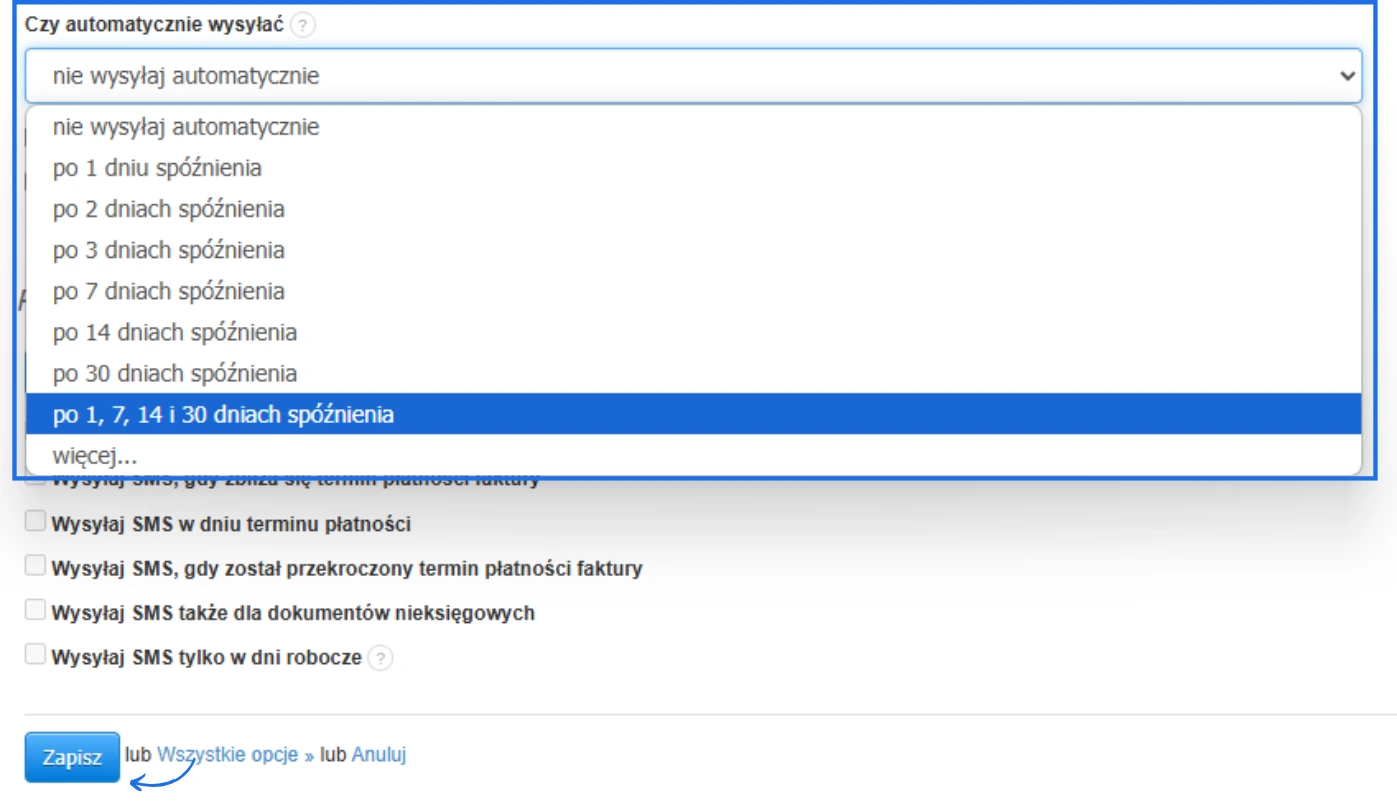 Wybór harmonogramu automatycznych przypomnień o zaległej płatności faktury w systemie Fakturownia.
