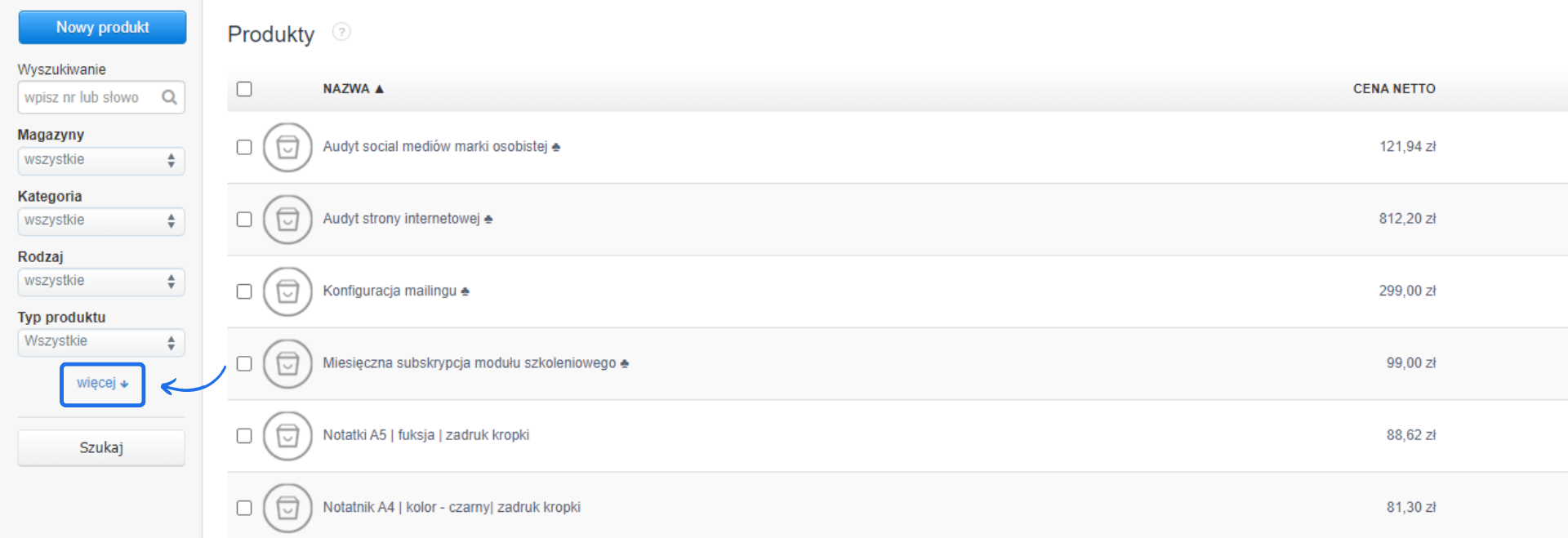 Lista produktów w panelu Fakturovni z opcjami filtrowania, takimi jak magazyn, kategoria, rodzaj i typ produktu, oraz przyciskiem 'więcej'.