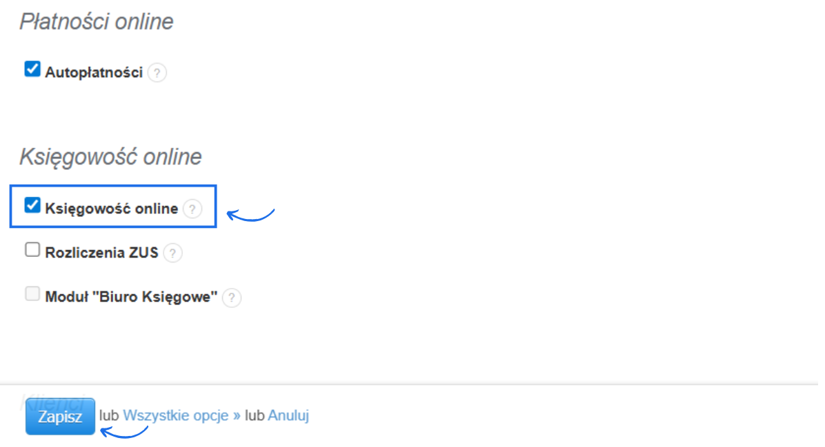 Ustawienia konta z widoczną sekcją płatności online oraz aktywną opcją księgowość online.