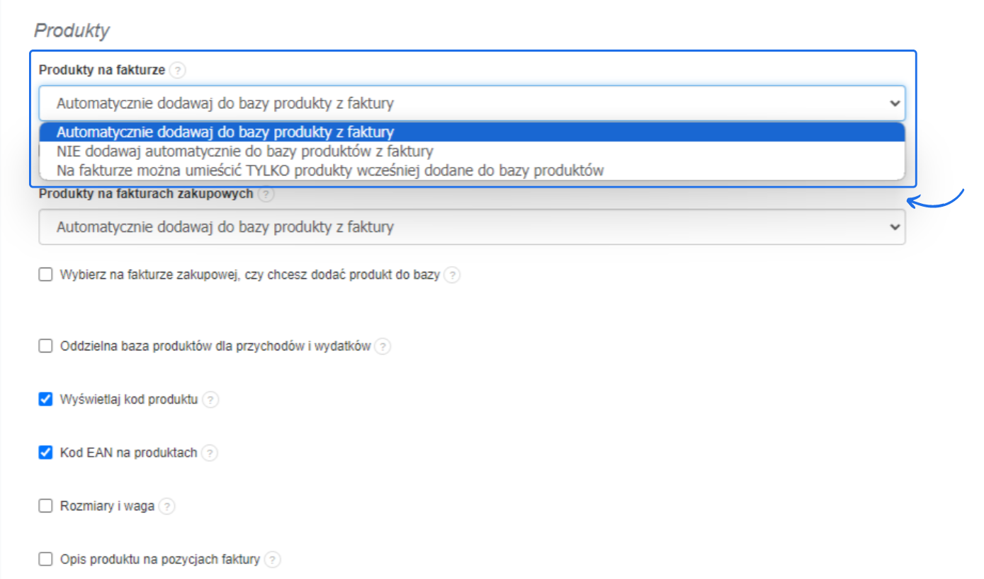 Sekcja konfiguracji produktów w Fakturowni, opcja automatycznego dodawania produktów z faktur sprzedażowych, wyświetlanie kodu produktu i kodu EAN na produktach.