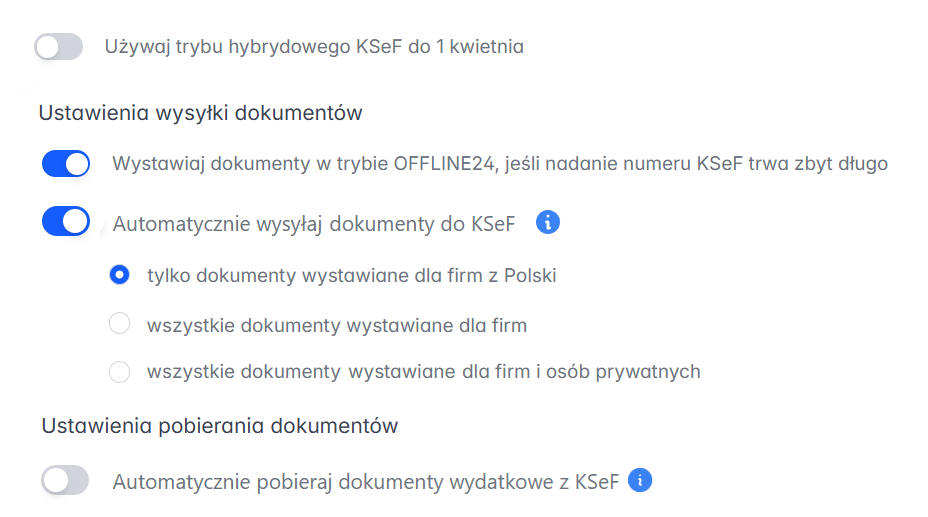 Ustawienia integracji KSeF z włączoną automatyczną wysyłką i trybem OFFLINE24, tryb hybrydowy wyłączony.