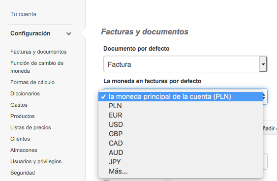 la moneda principal de la cuenta