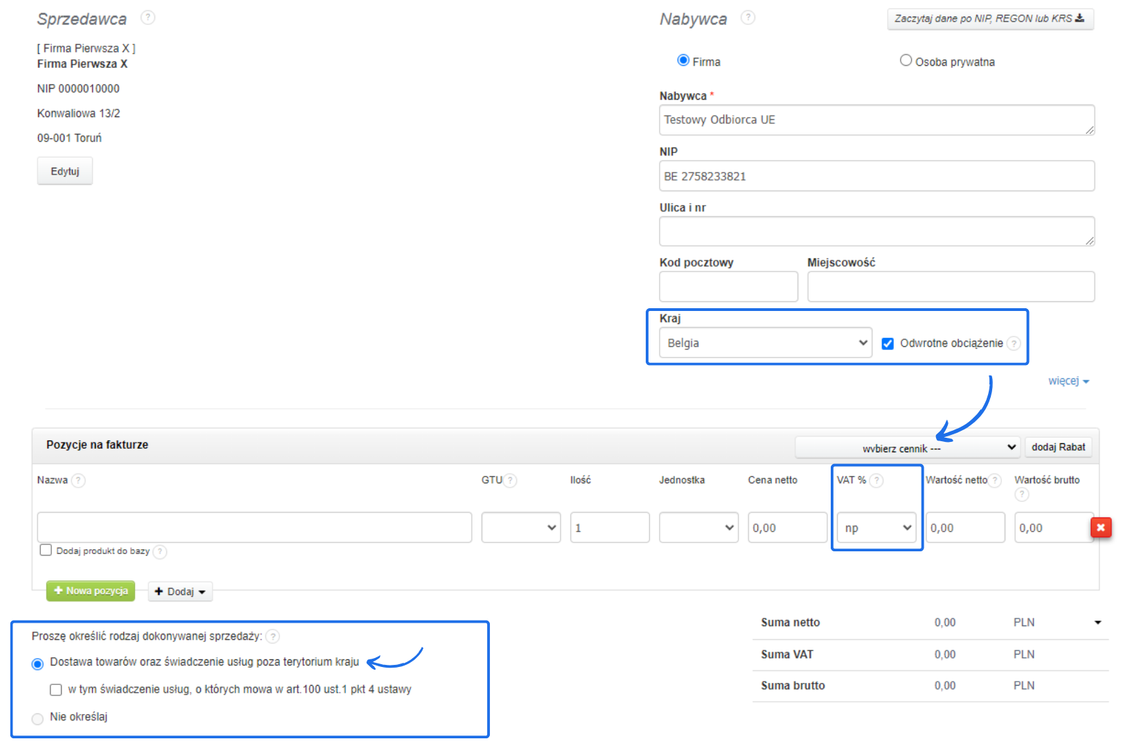 Formularz faktury z zaznaczoną opcją odwrotnego obciążenia i wskazaniem dostawy towarów lub usług poza terytorium kraju.
