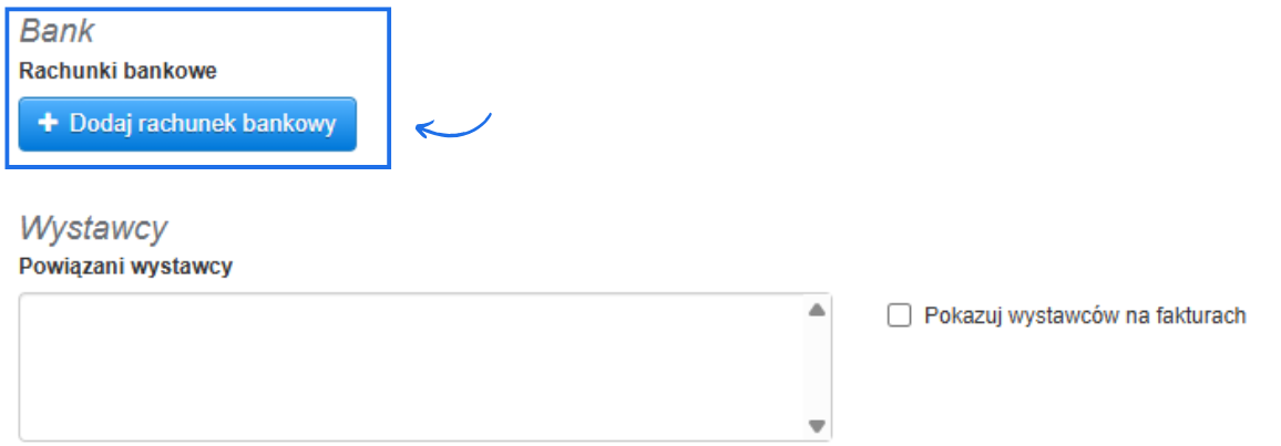 Sekcja bank w formularzu tworzenia/edycji działu, która umożliwia dodanie rachunku bankowego do danego działu firmy.