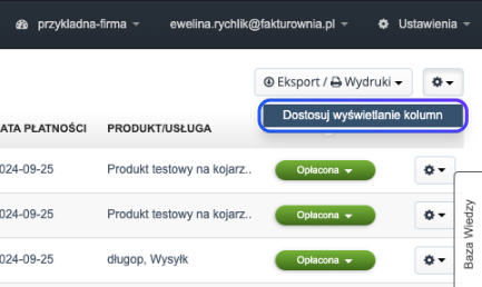 Interfejs systemu Fakturownia z opcją dostosowywania wyświetlania kolumn i opcją eksport / wydruki.