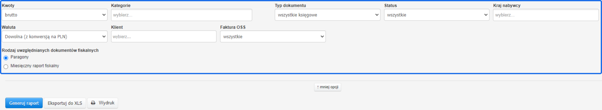 Zaawansowane ustawienia generowania raportu przychodów z opcjami wyboru waluty, kwot, kategorii, typu dokumentu, statusu, kraju nabywcy, rodzaju dokumentów fiskalnych oraz klienta.