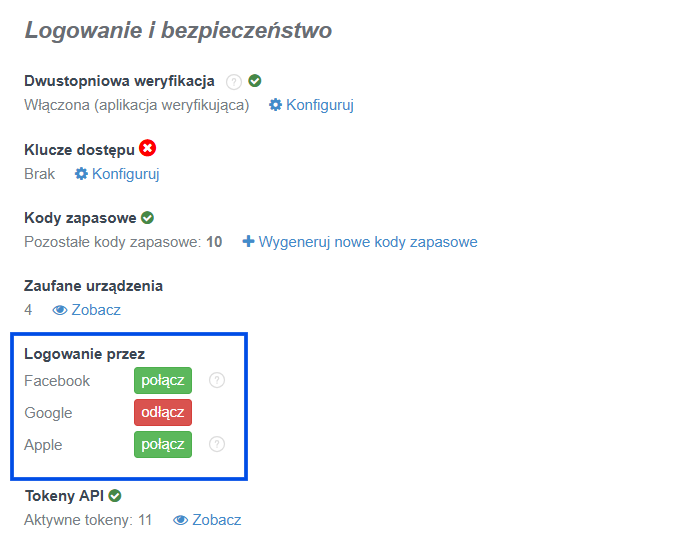 Opcja połącz Apple ID w sekcji Logowanie przez w profilu Fakturowni