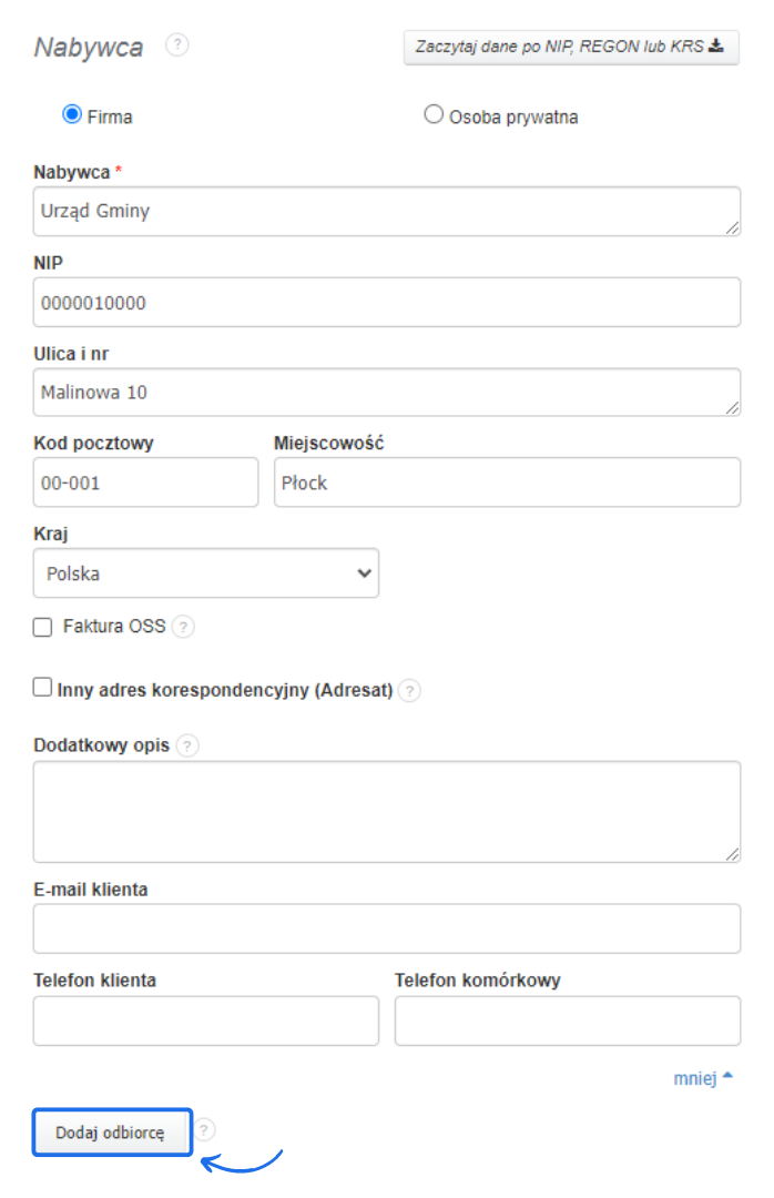 Formularz dodawania odbiorcy faktury: dane nabywcy, opcje dodatkowe, przycisk dodaj odbiorcę.