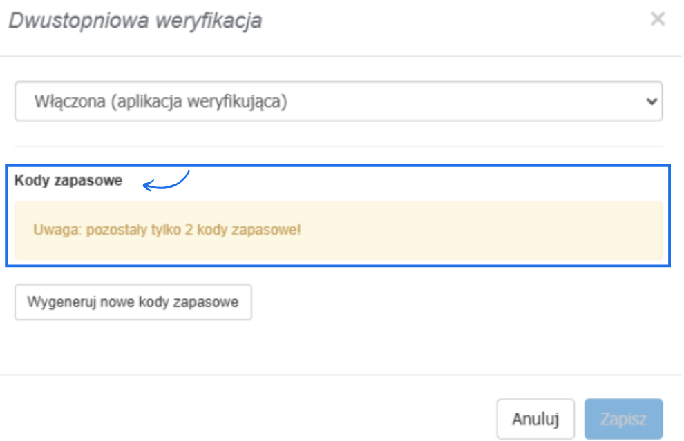 Ustawienia dwustopniowej weryfikacji z alertem wskazującym na pozostanie tylko 2 aktywnych kodów zapasowych.