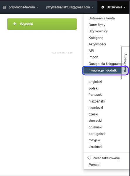 Panel ustawień Fakturowni z zaznaczoną opcją 'Integracje i dodatki' do importowania plików bankowych i konfiguracji integracji systemu.