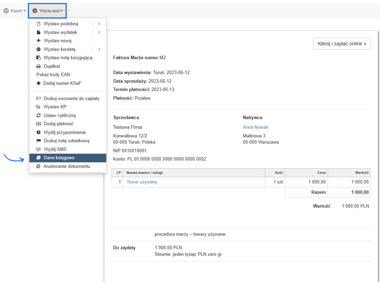 Przykładowa faktura VAT marża wystawiona w procedurze towary używane z opcją dostępu do danych księgowych dokumentu.