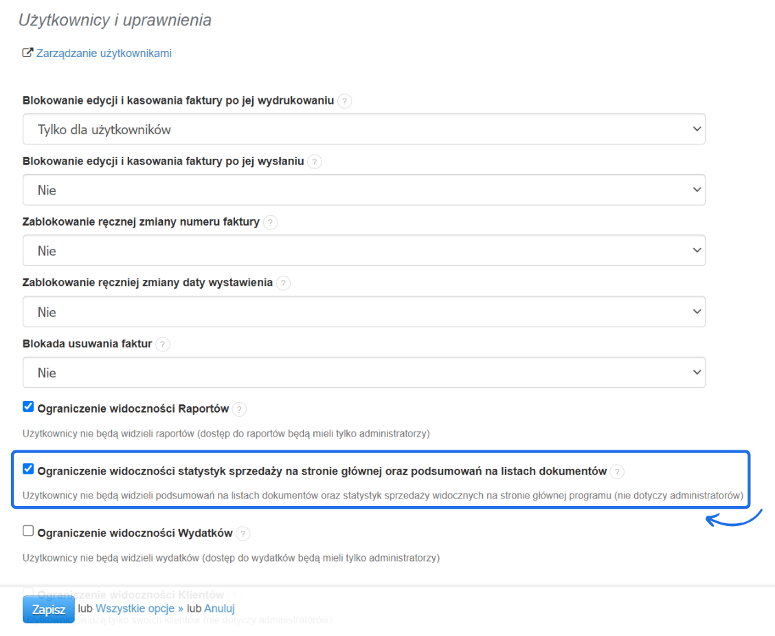 Panel ustawień użytkowników z zaznaczoną opcją ograniczenia widoczności statystyk sprzedaży na stronie głównej i listach dokumentów.