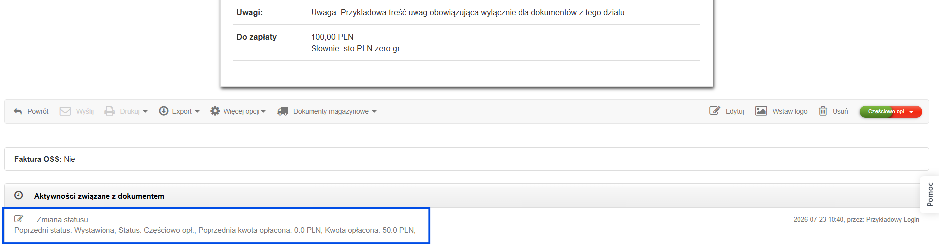 Aktywności dokumentu, dla którego przypisano płatność z poziomu zmiany statusu dokumentu.