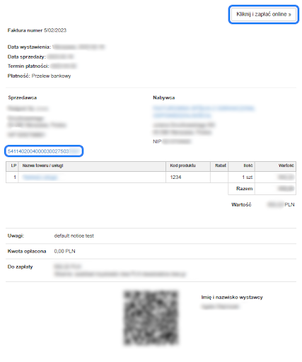 Faktura z numerem konta bankowego oraz przyciskiem do opłaty online, zawierająca szczegóły sprzedawcy, nabywcy i listę zakupionych usług