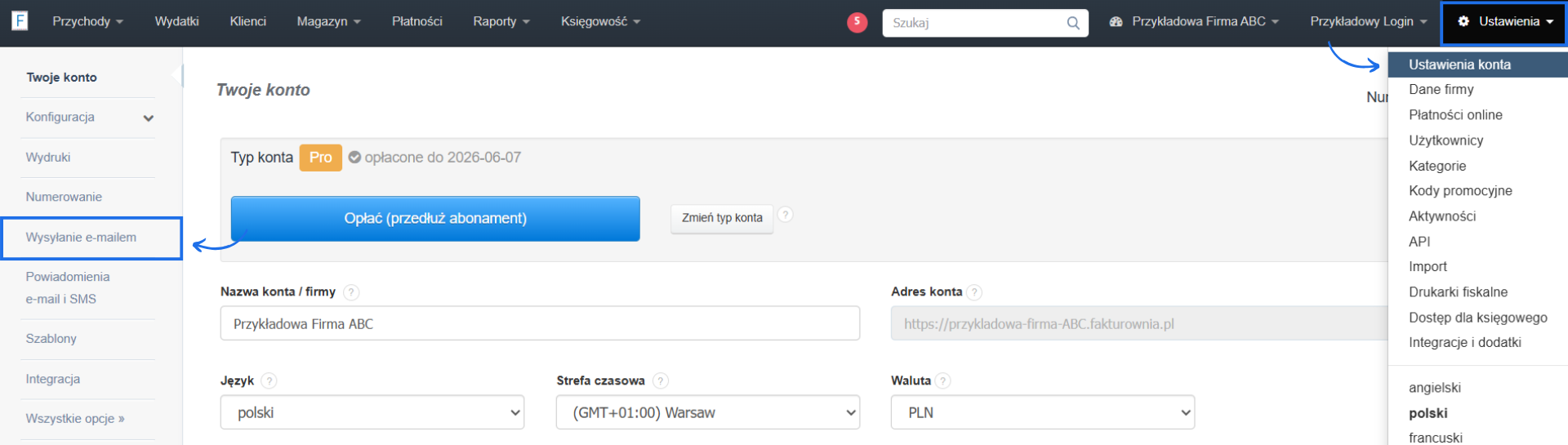 Ustawienia konta w systemie Fakturownia z podstawowymi informacjami o koncie oraz dodatkowymi ustawieniami na szarej belce w tym z aktywną opcją wysyłanie e-mailem.