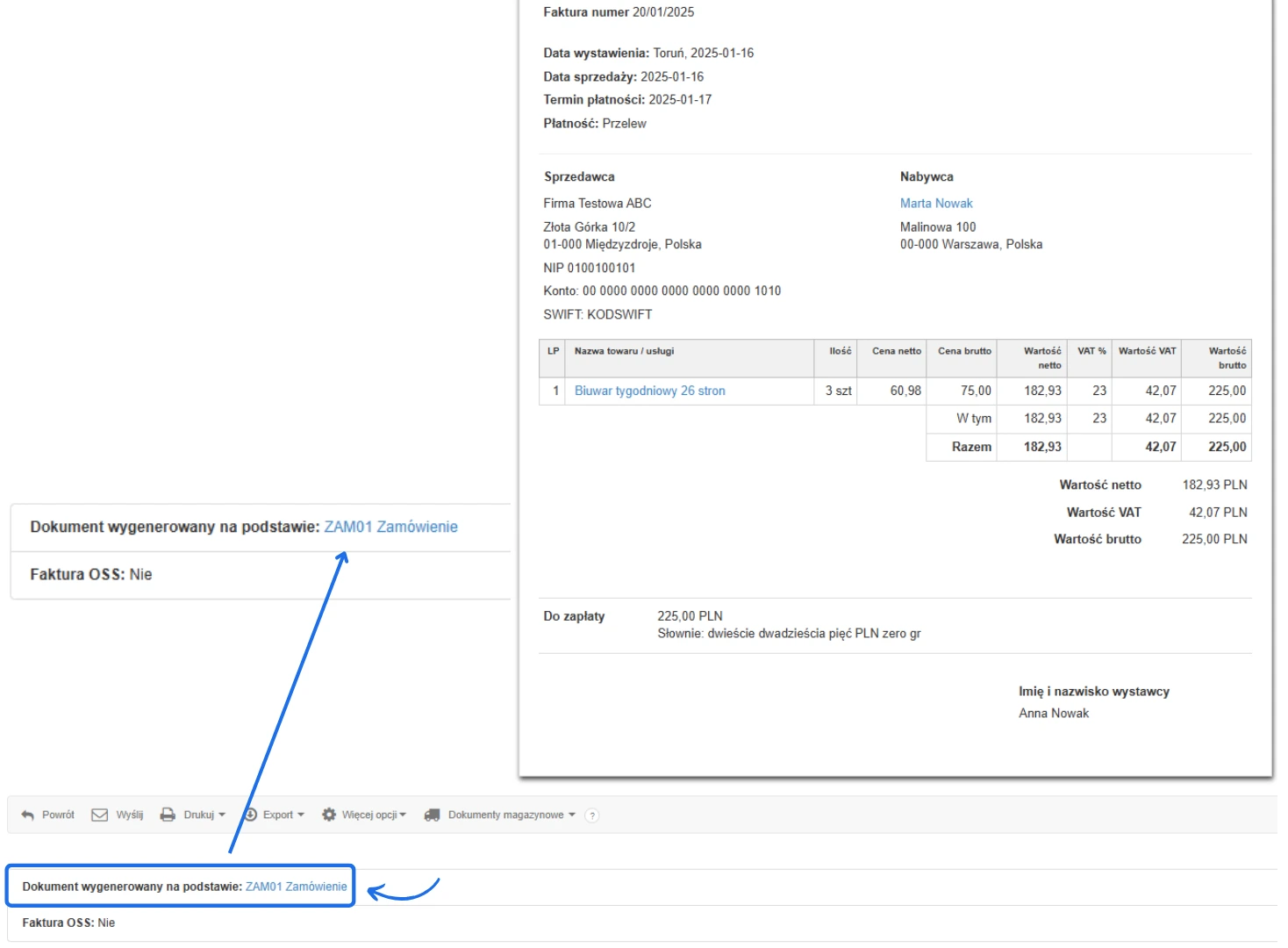 Podgląd faktury VAT wygenerowanej na podstawie zamówienia ZAM01 z widocznym szczegółowym powiązaniem dokumentów w systemie.